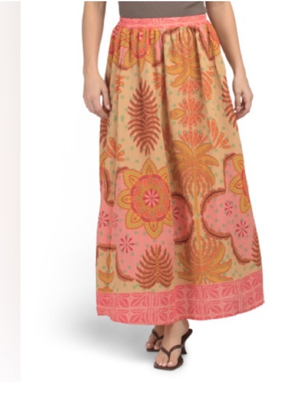 Calypso St. Barth Pink and Tan Floral Southwestern Maxi Skirt